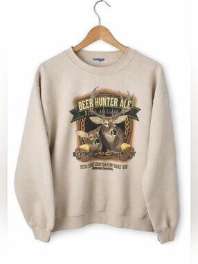 Puritan Beer Hunter Ale Graphic Sweatshirt Beige Crewneck Deer Print Vintage Sty